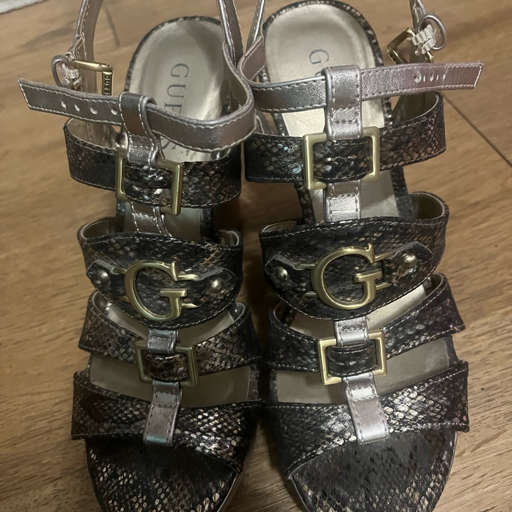 GUESS Women's Strappy Sandals - Metallic Snake Print